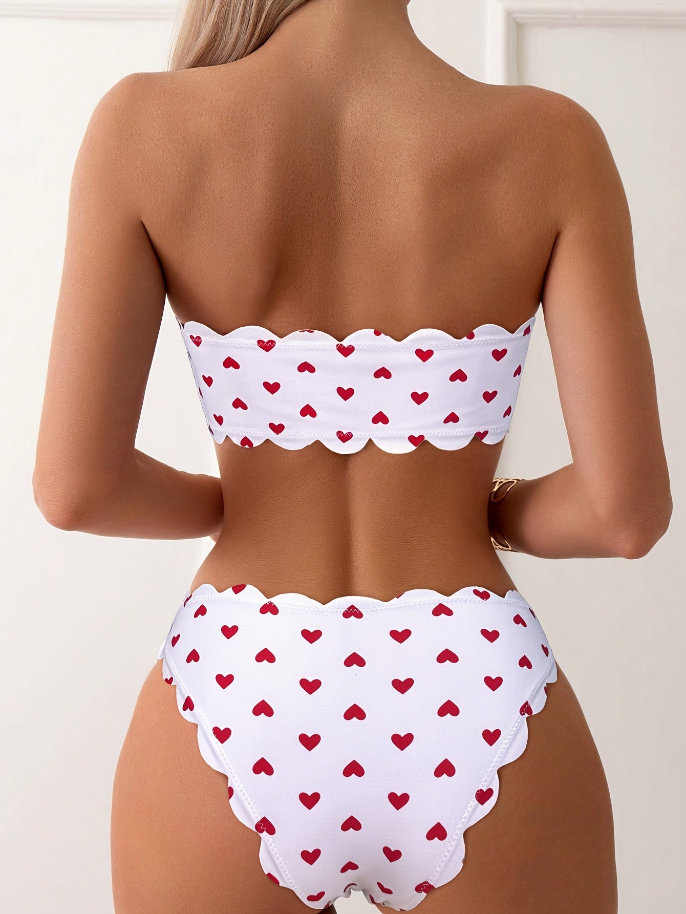Heart Print Scalloped Bikini Set – Sweet Retro High-Waist Swimwear
