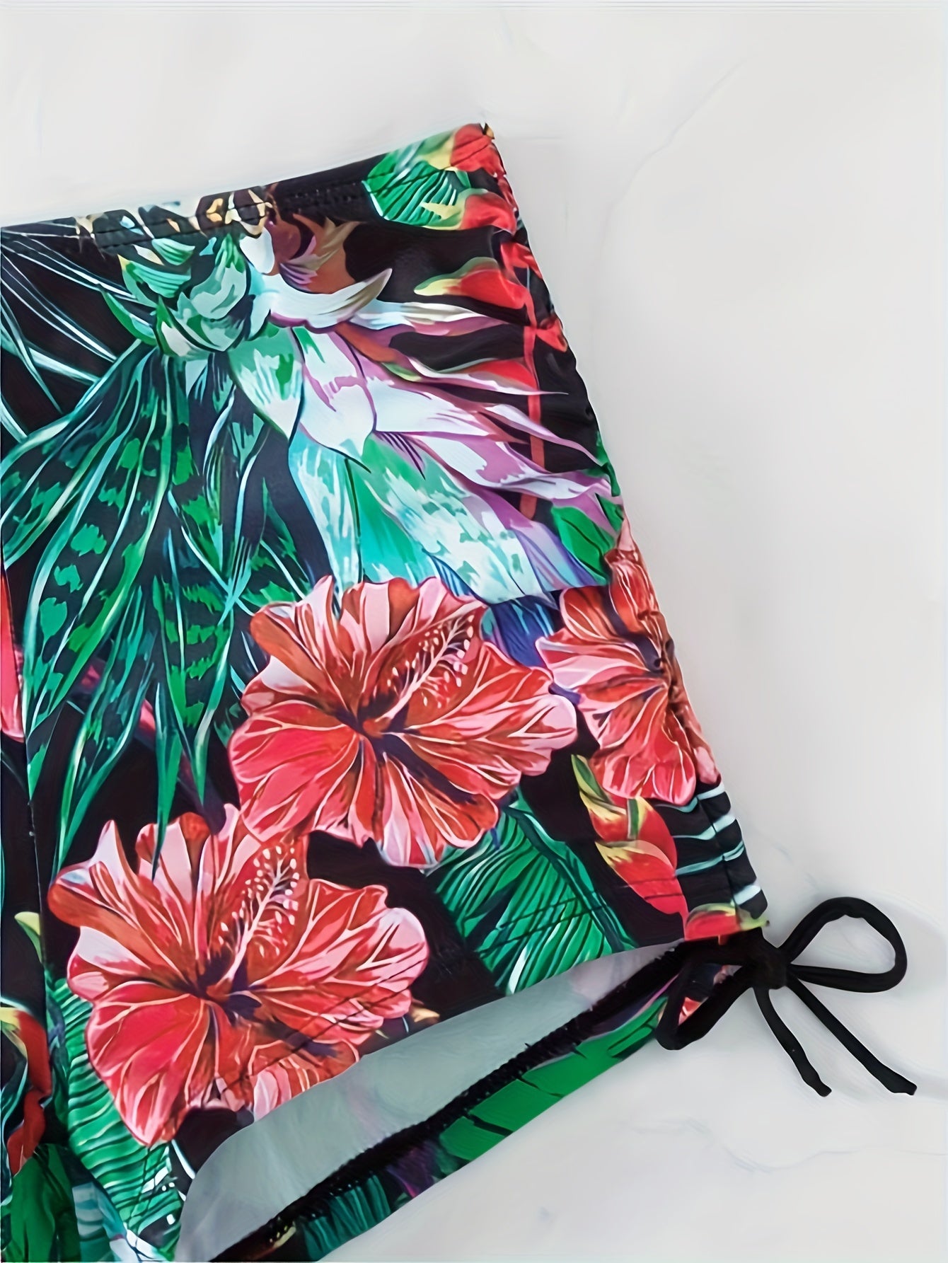 Off-Shoulder Ruffle Bikini Set with Tropical High-Waist Shorts