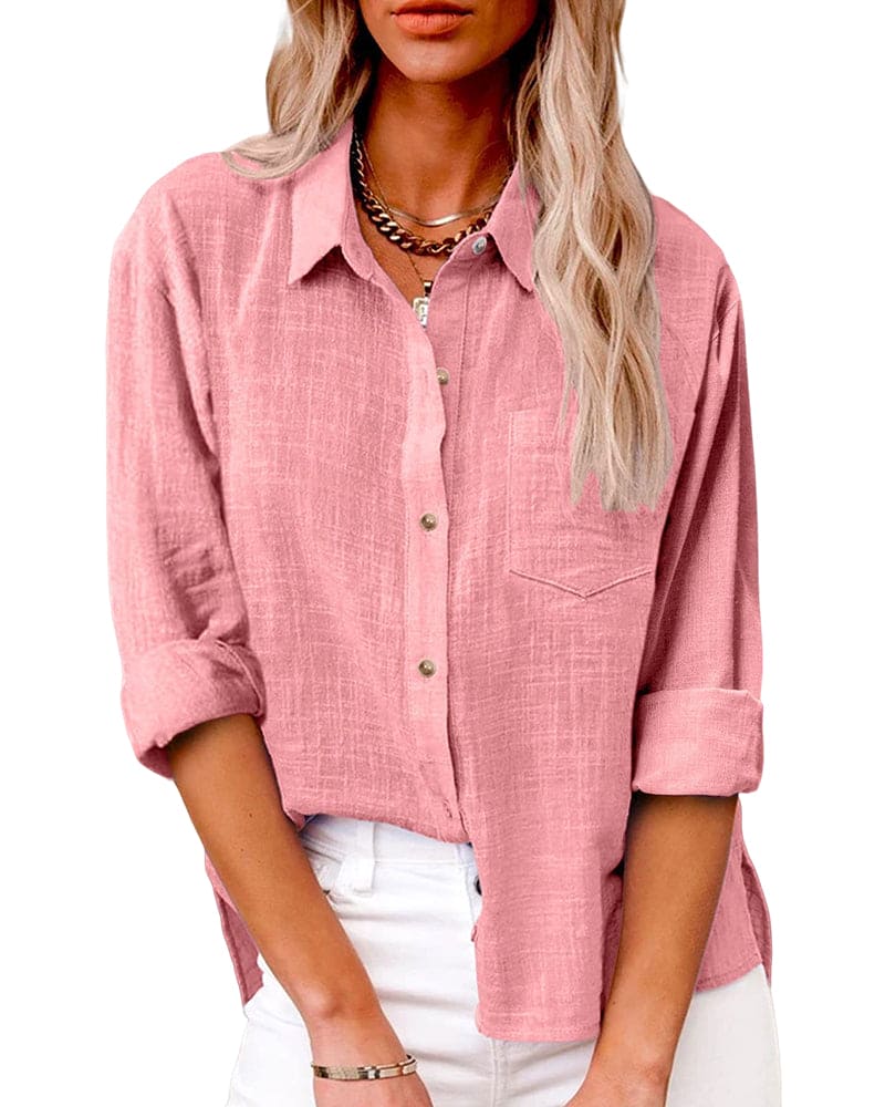 Women's Linen Button-Down Shirt – Casual Long Sleeve Collared Top