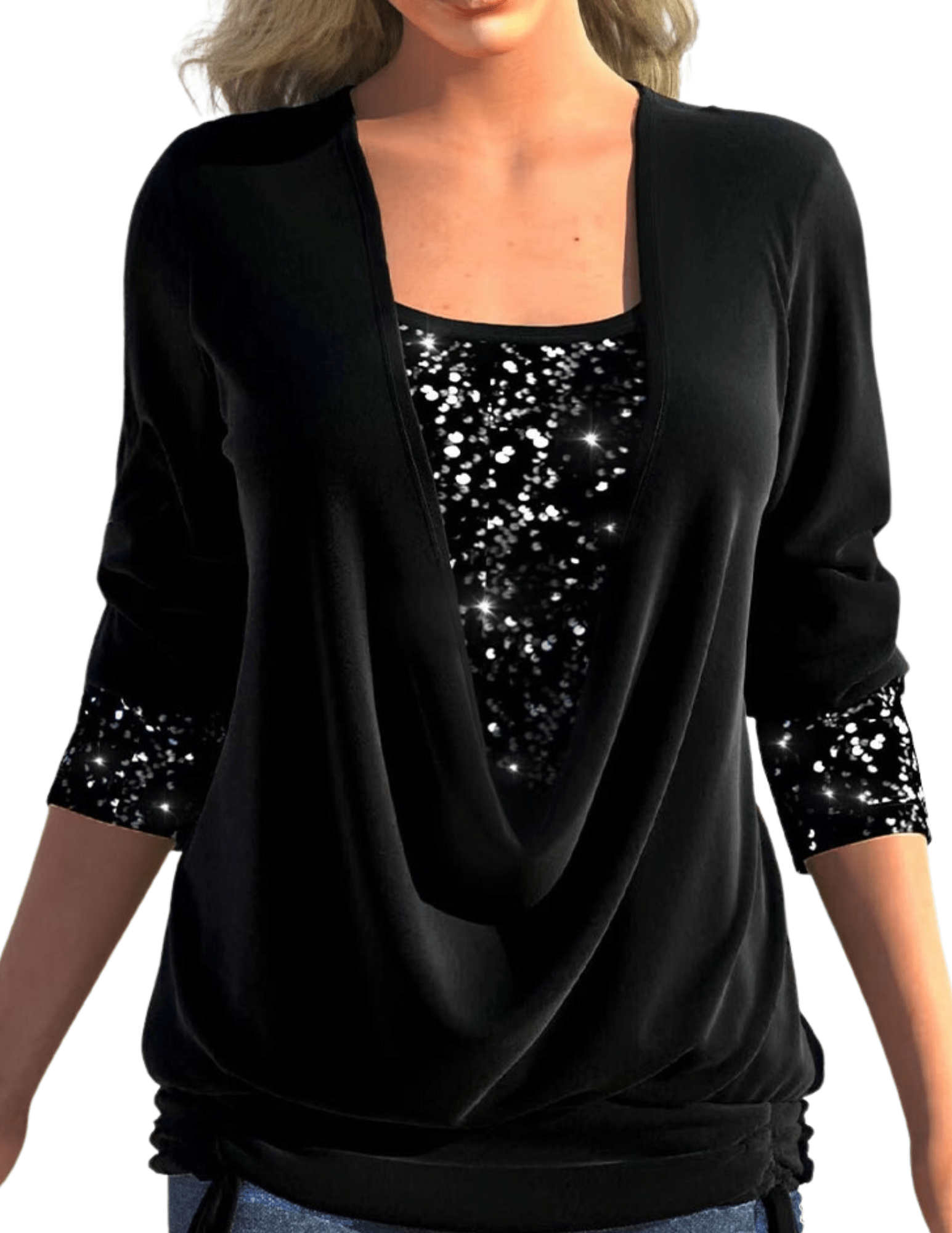 Womens Long Sleeve Top – Sequin Layered Look, Draped Fit Party Style