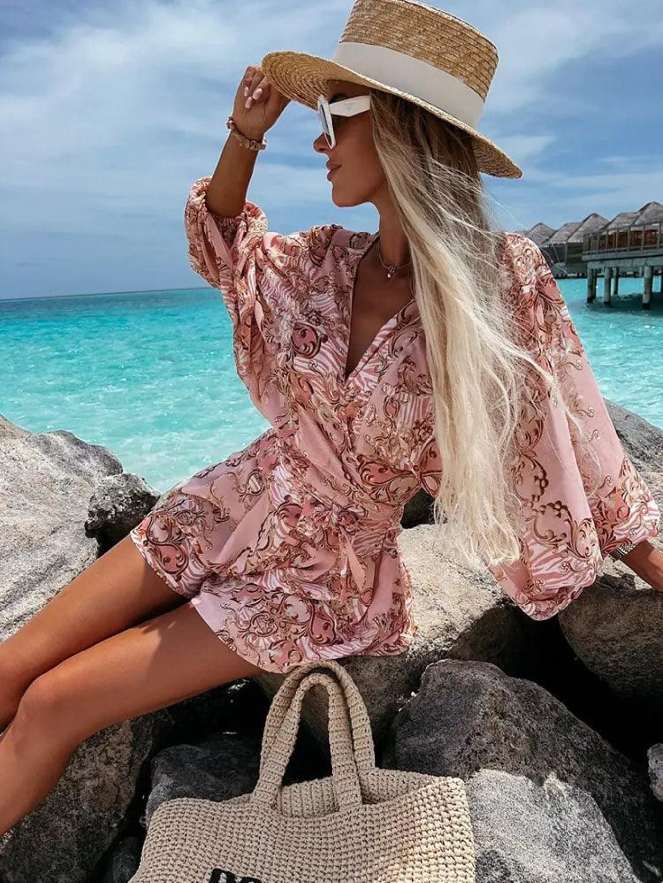 Floral-Boho Ruffle Romper - V-Neck Bell Sleeve