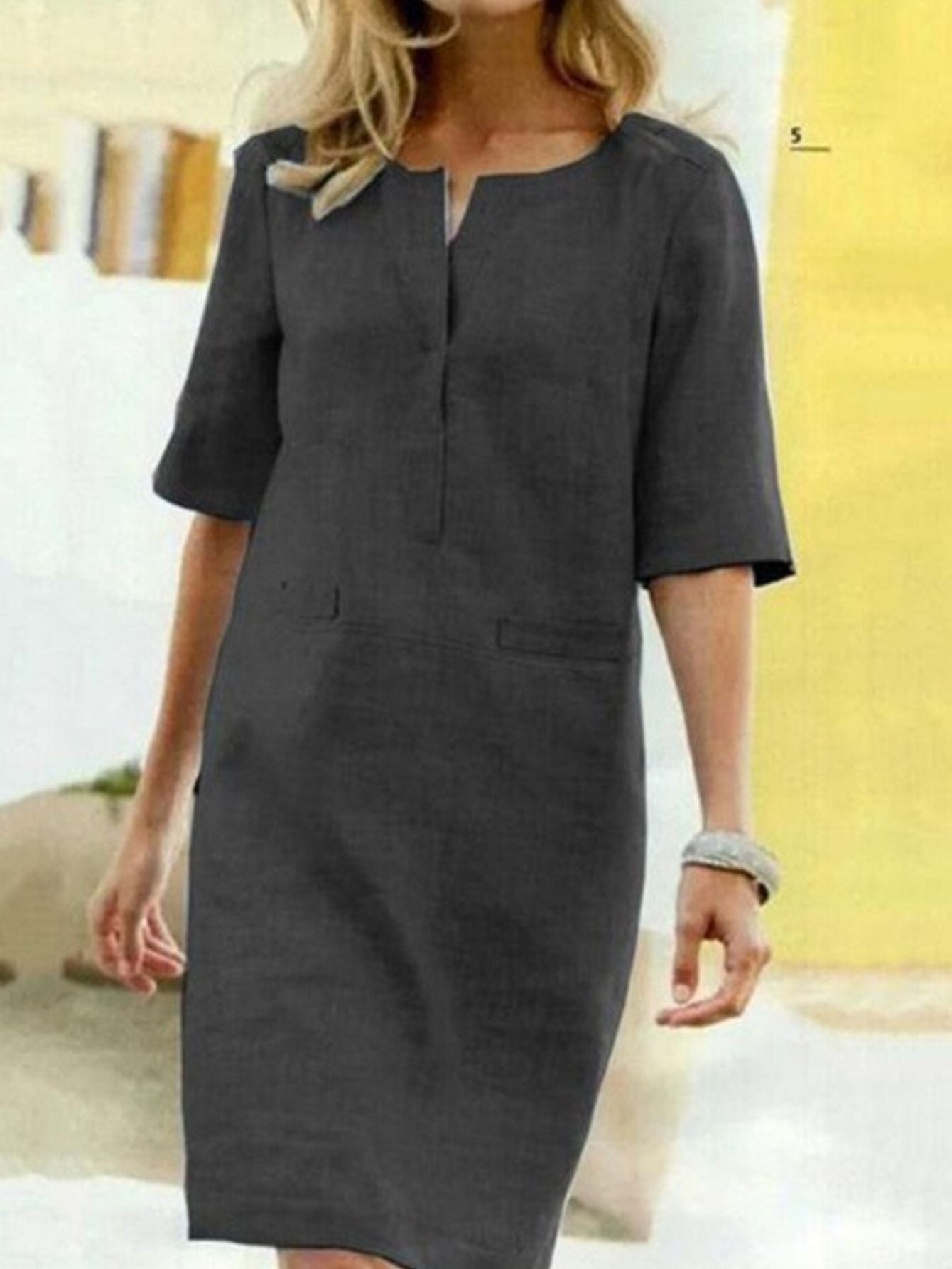 Half-Sleeve-Cotton Shift Dress - Square Neckline