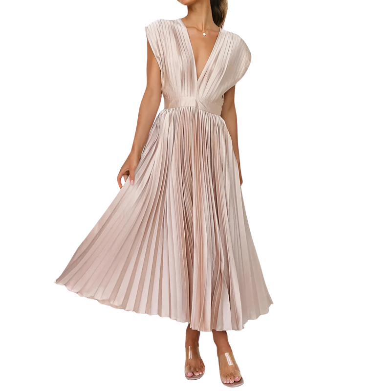 Elegant Pleated Cap Sleeve Maxi Dress – Flowy Silhouette for Day to Night