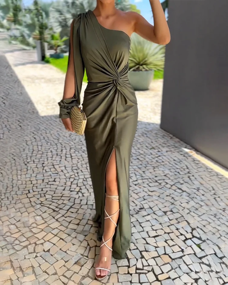 One-Shoulder Twist Front Maxi Dress – Ruched Waist with Side Slit