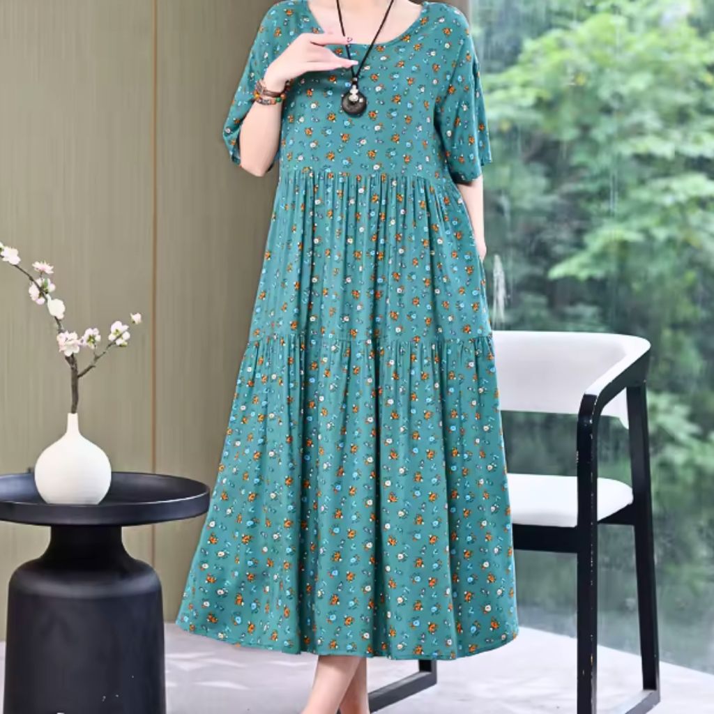 Tiered Floral Midi Dress – Short Sleeve Casual Style
