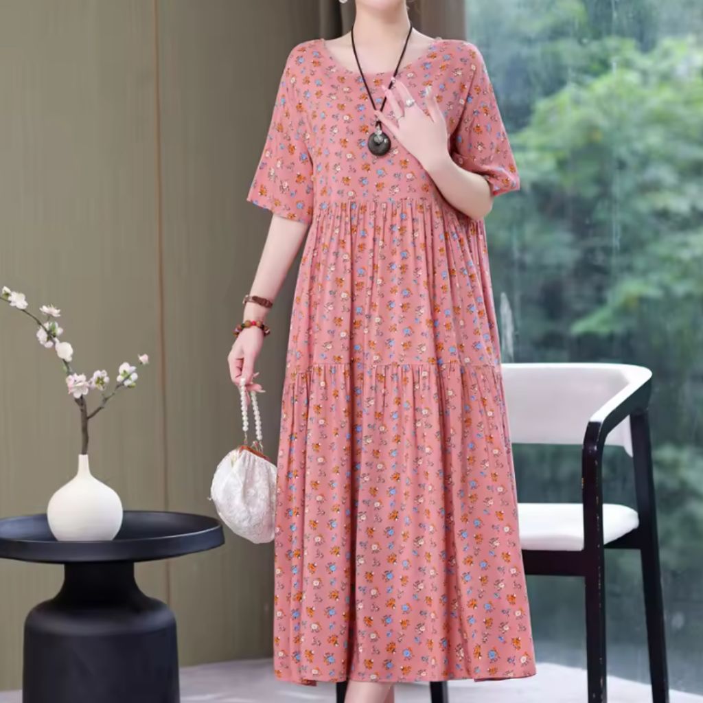 Tiered Floral Midi Dress – Short Sleeve Casual Style