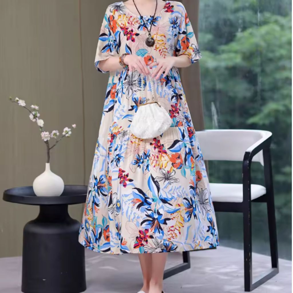 Tiered Floral Midi Dress – Short Sleeve Casual Style
