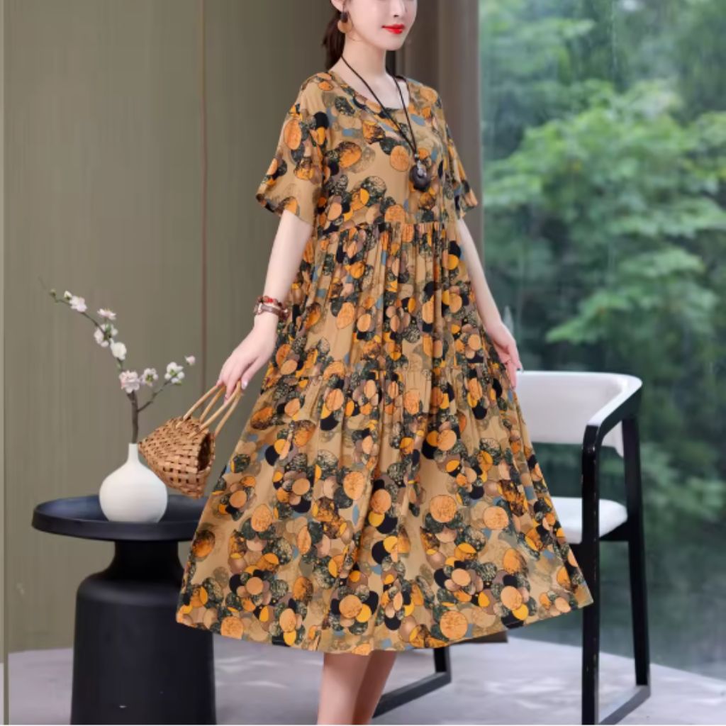 Tiered Floral Midi Dress – Short Sleeve Casual Style