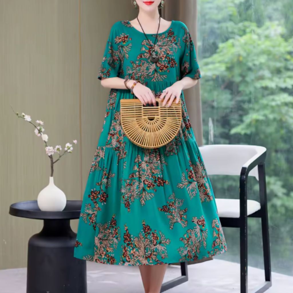 Tiered Floral Midi Dress – Short Sleeve Casual Style