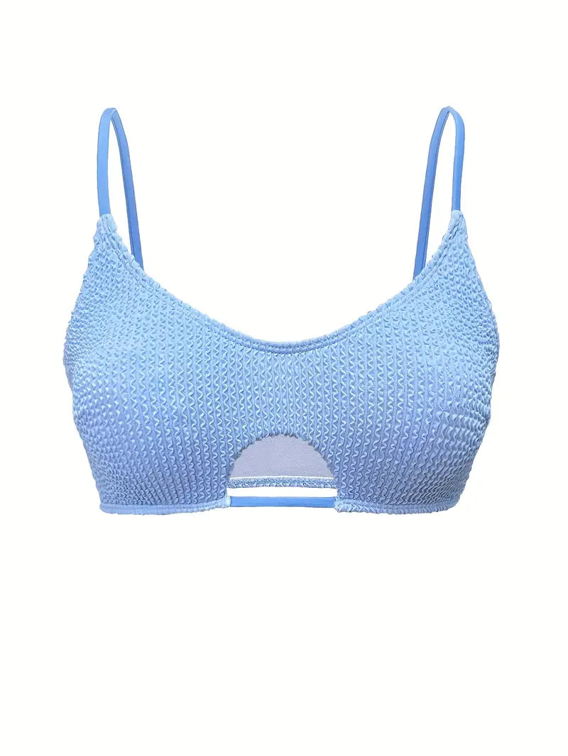 Textured Black Bikini Set with Keyhole Top and High-Leg Bottoms