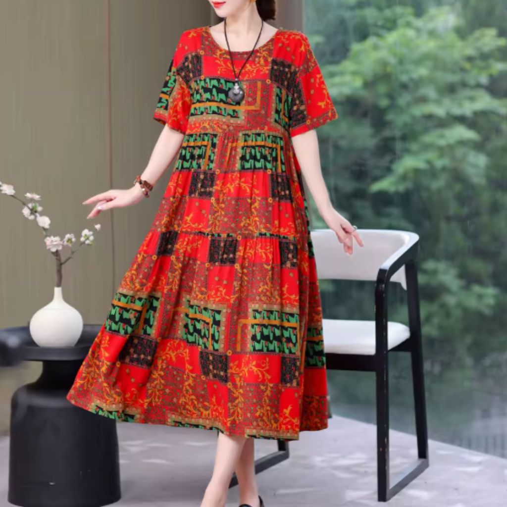 Tiered Floral Midi Dress – Short Sleeve Casual Style