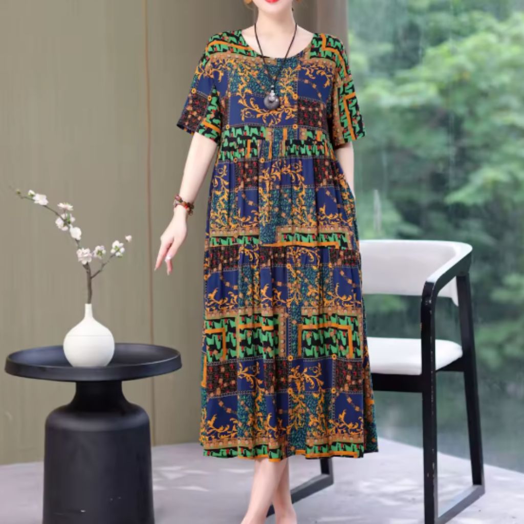 Tiered Floral Midi Dress – Short Sleeve Casual Style