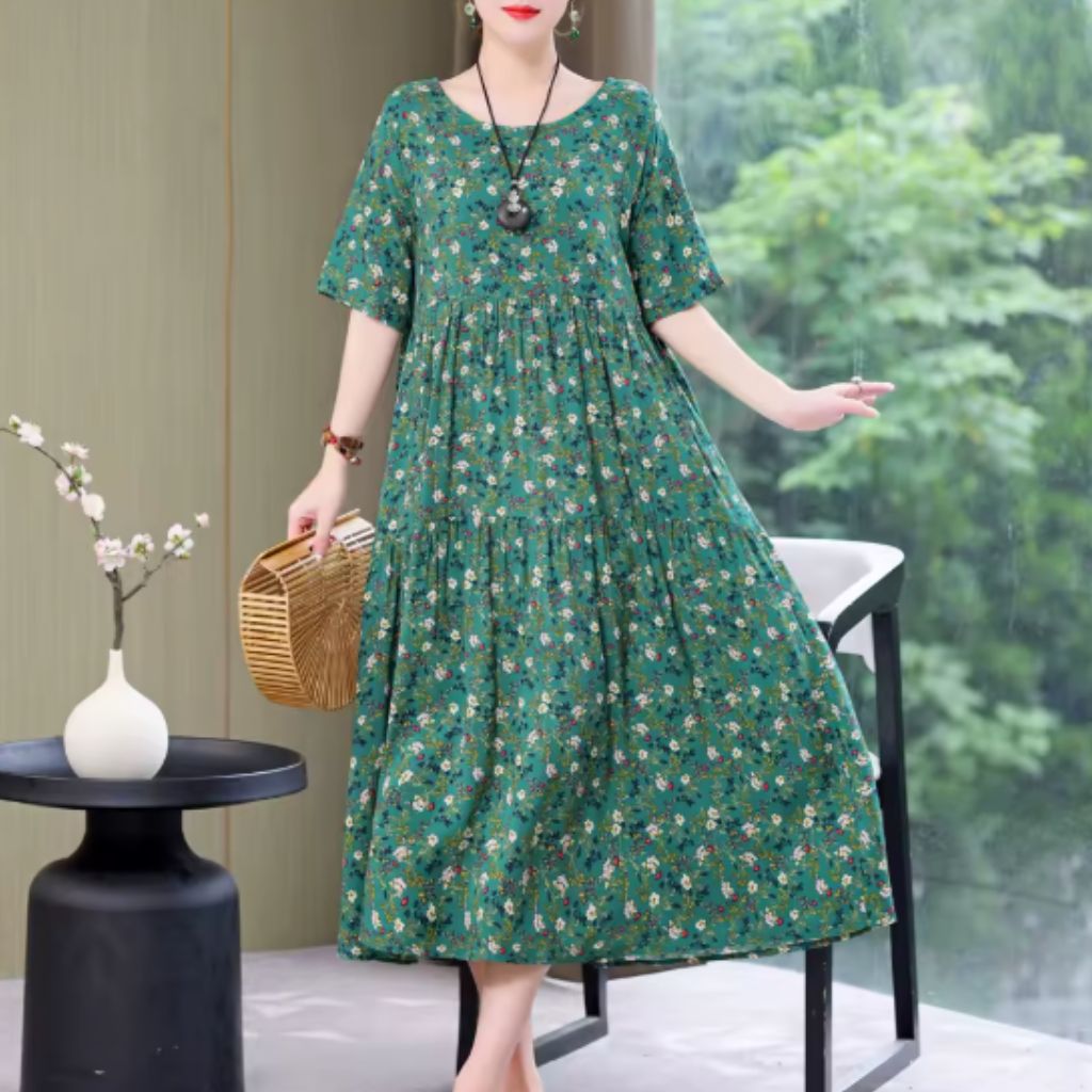 Tiered Floral Midi Dress – Short Sleeve Casual Style