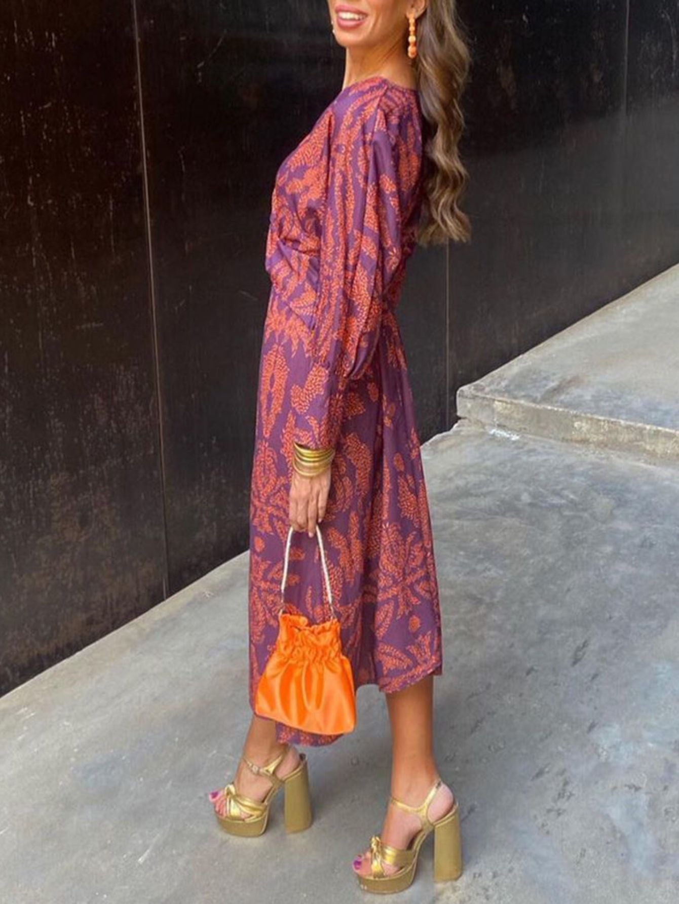 Boho-Print Plunge V-Neck Midi Dress - Long Sleeve