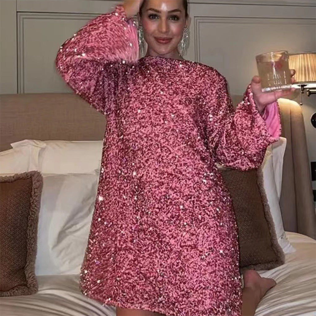 Sequin Long Sleeve Mini Dress – Sparkly Party Look With Bow Detail