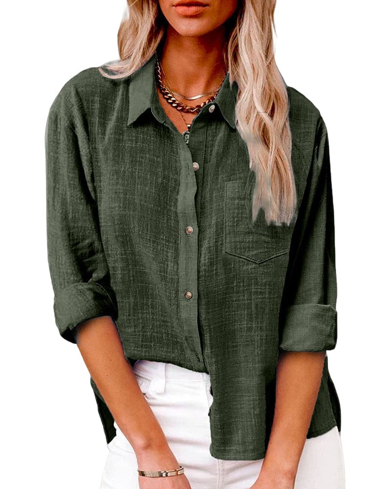 Women's Linen Button-Down Shirt – Casual Long Sleeve Collared Top