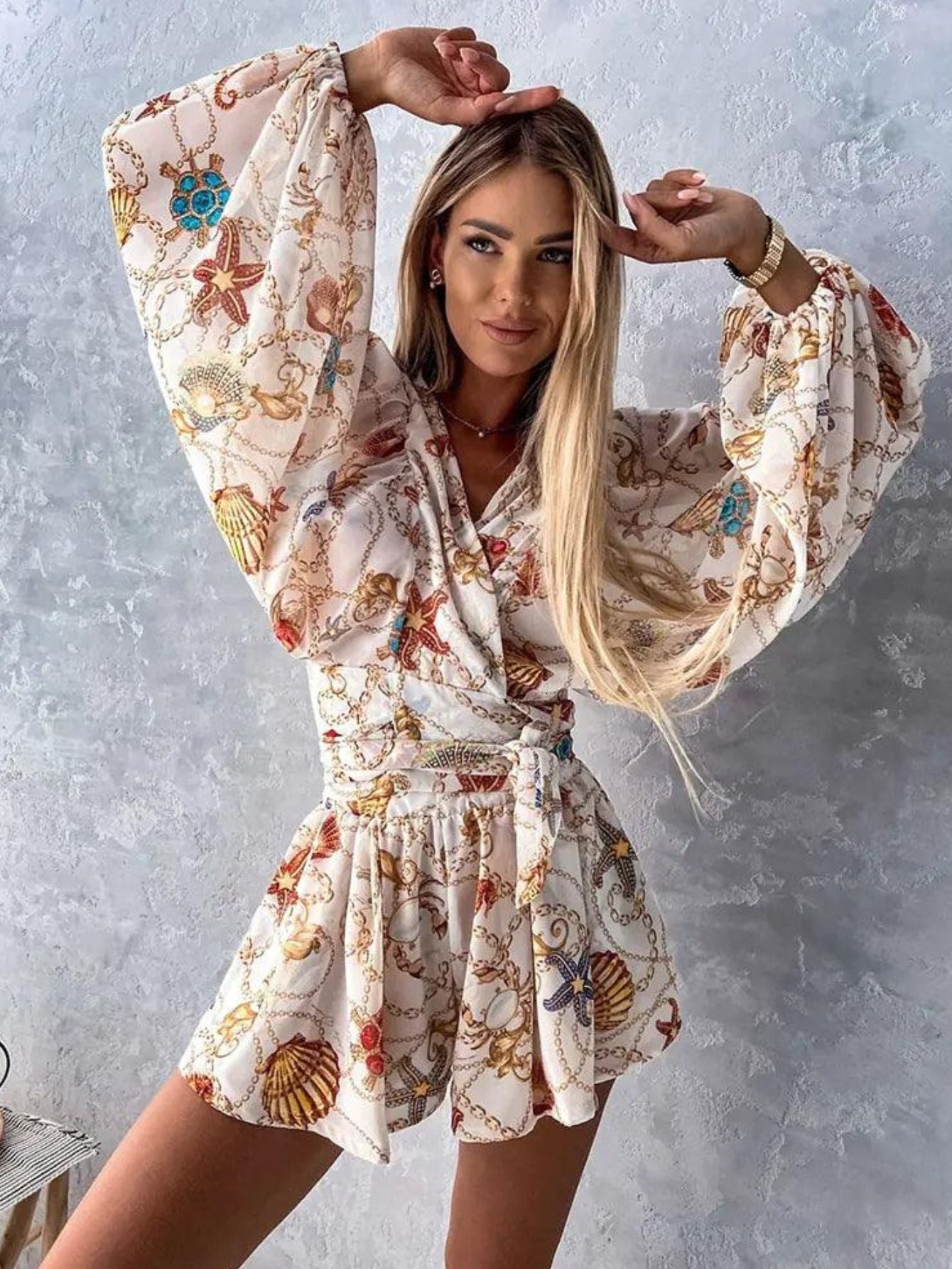 Floral-Boho Ruffle Romper - V-Neck Bell Sleeve