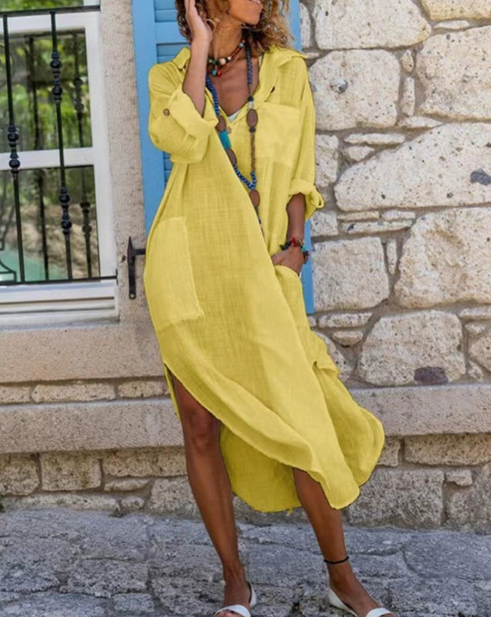 Button-Front Collared Long Shirt Dress with Side Slit – Casual Resort Wear