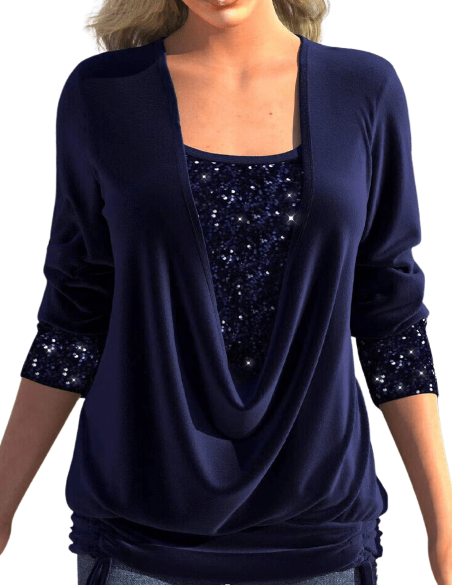 Womens Long Sleeve Top – Sequin Layered Look, Draped Fit Party Style