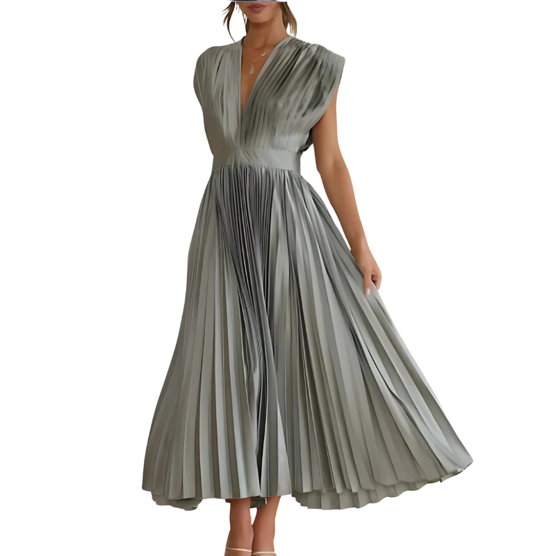Elegant Pleated Cap Sleeve Maxi Dress – Flowy Silhouette for Day to Night