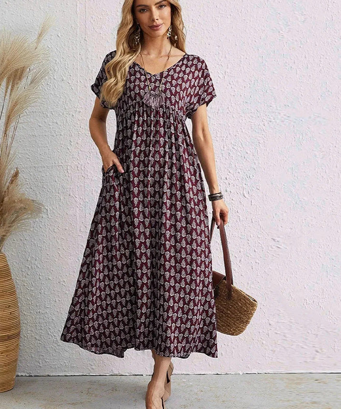 Boho Puff Sleeve Maxi Dress – Vintage Print Flowy Summer Style