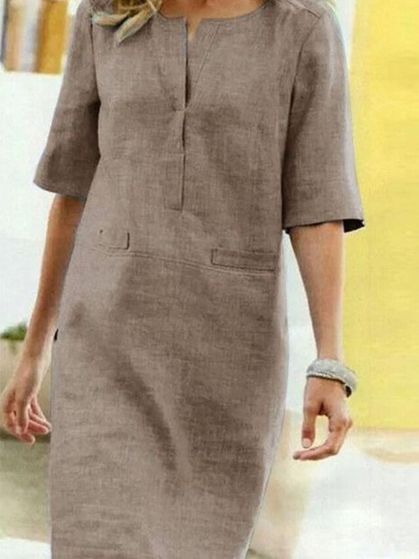 Half-Sleeve-Cotton Shift Dress - Square Neckline