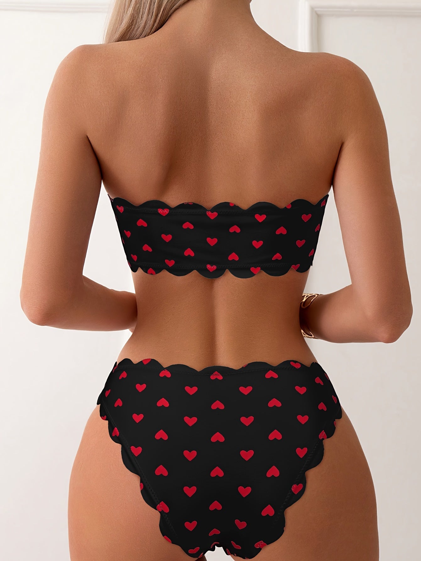 Heart Print Scalloped Bikini Set – Sweet Retro High-Waist Swimwear
