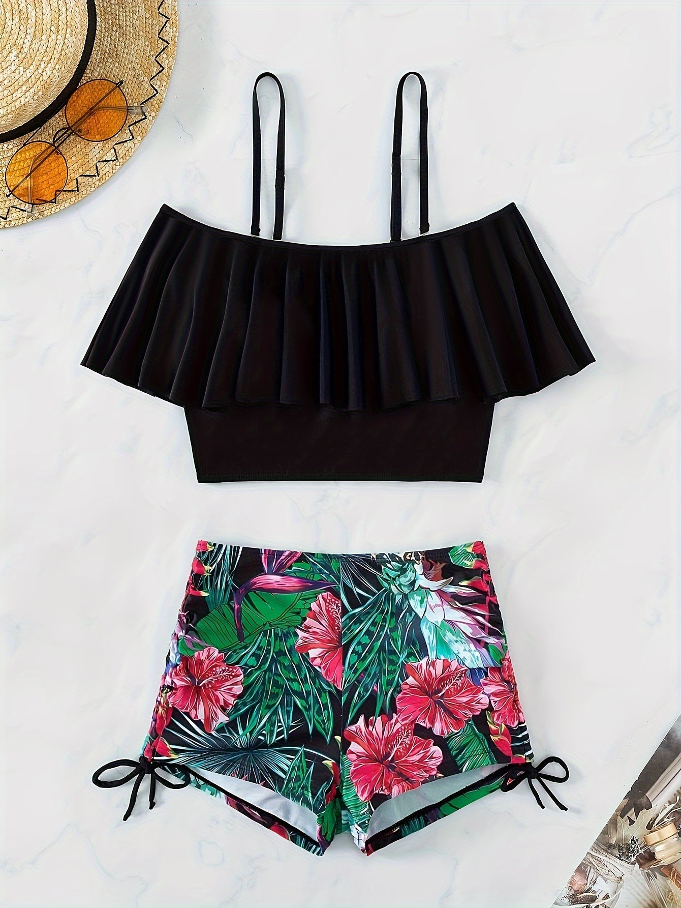 Off-Shoulder Ruffle Bikini Set with Tropical High-Waist Shorts