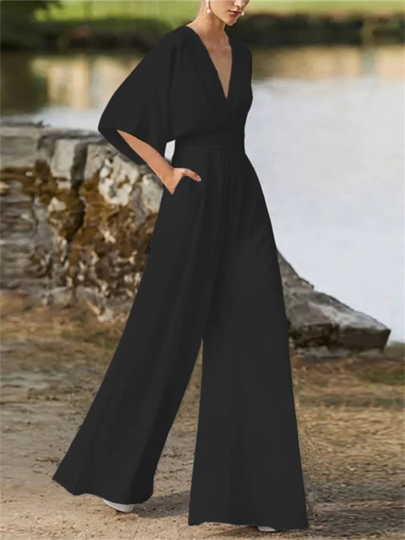 Women's Jumpsuit – Kimono Sleeve Wrap, Elegant Wide Leg Occasionwear