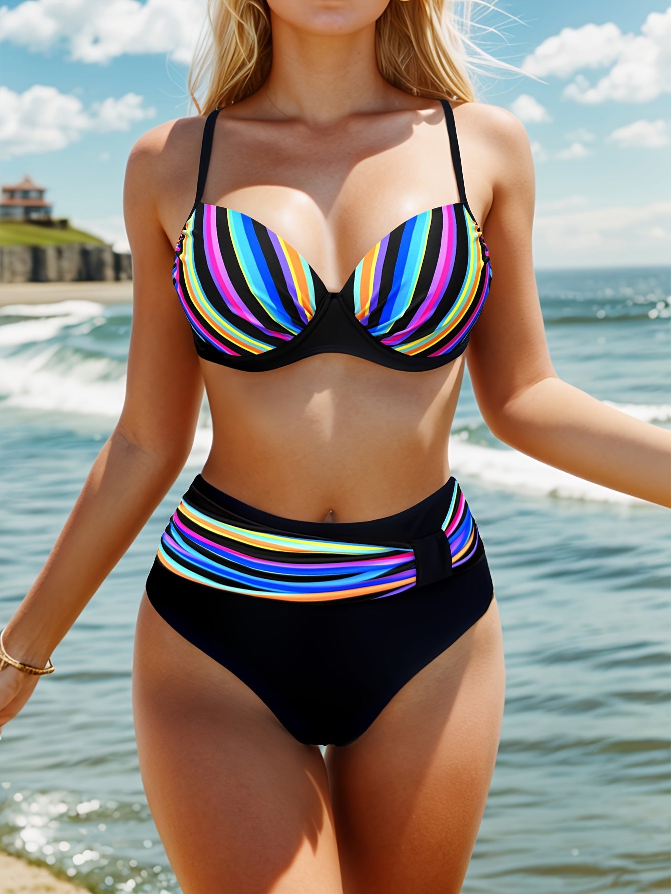 Striped Push-Up Bikini Set – High Waist Two-Piece Swimwear