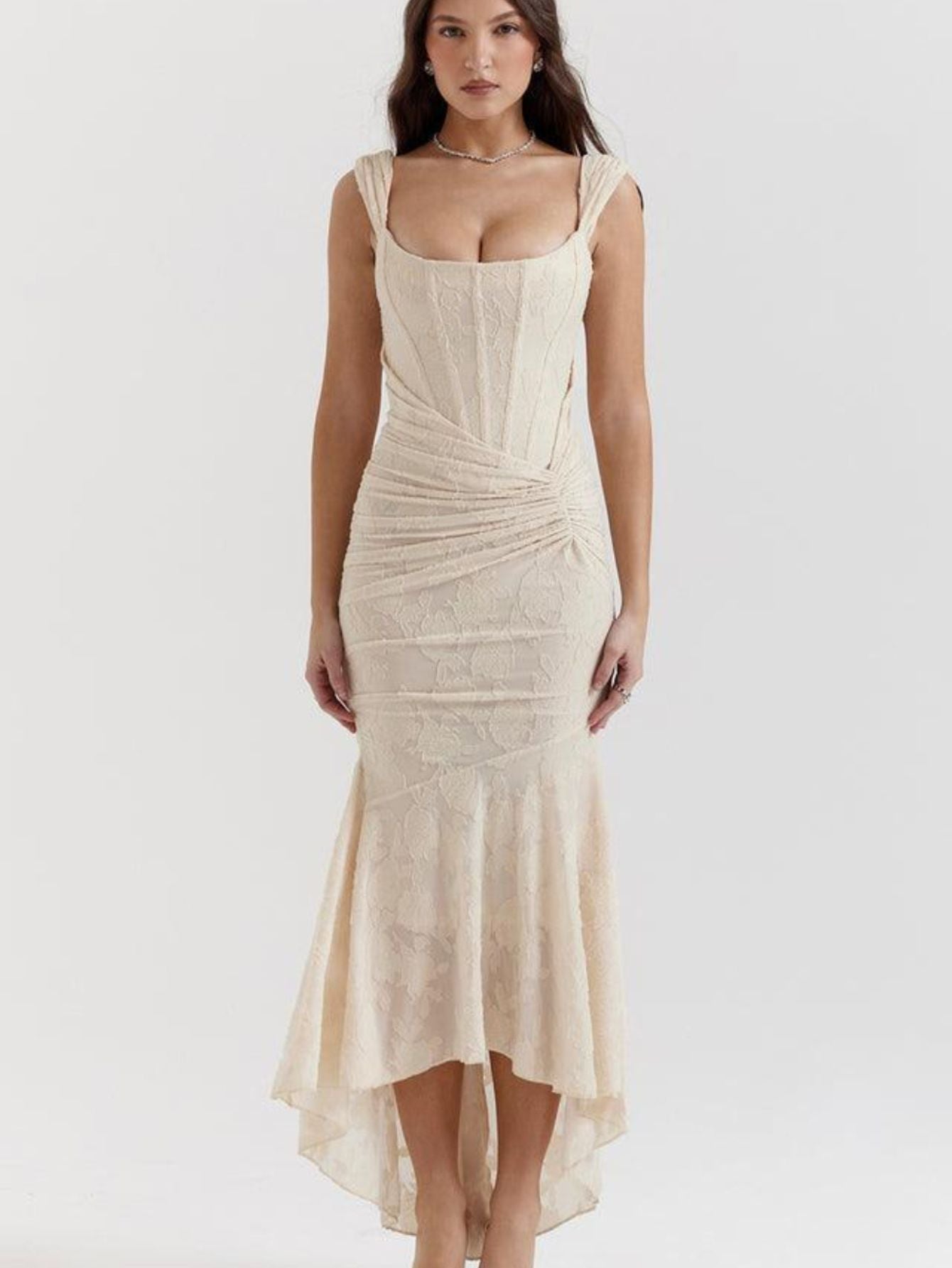 Ruched Bodycon Maxi Dress - Sleeveless with Asymmetrical Hem
