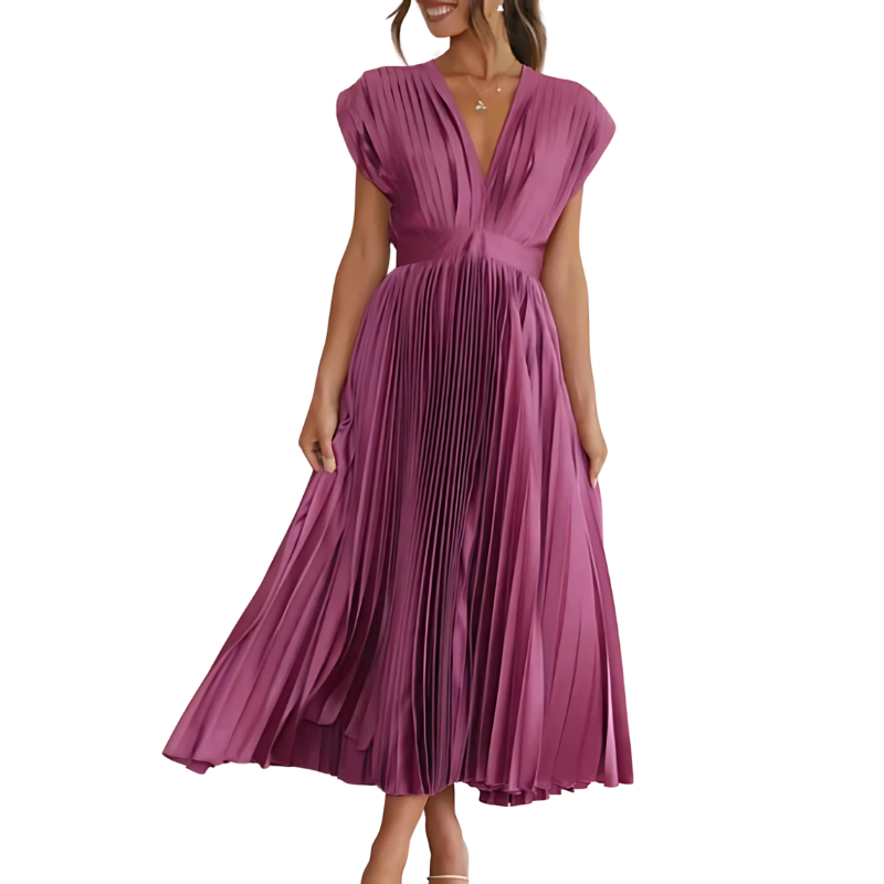 Elegant Pleated Cap Sleeve Maxi Dress – Flowy Silhouette for Day to Night