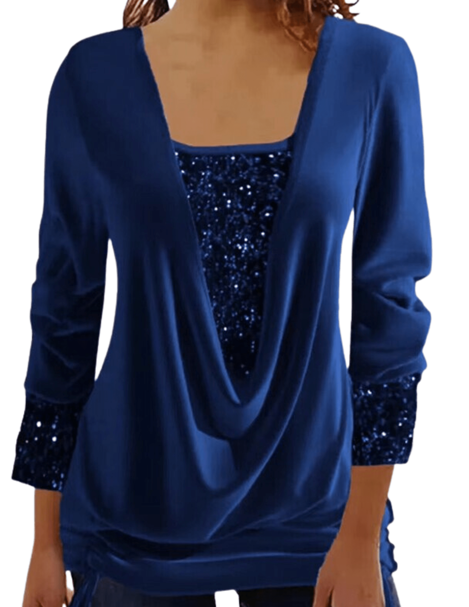 Womens Long Sleeve Top – Sequin Layered Look, Draped Fit Party Style