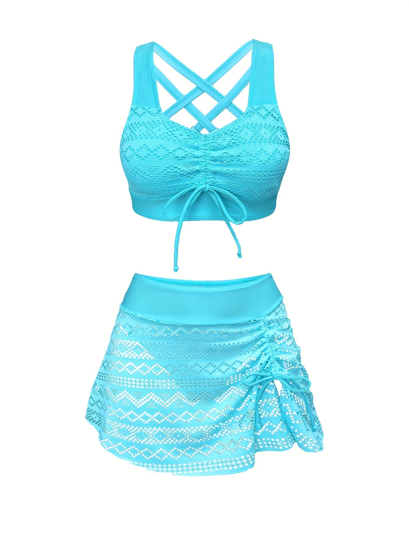 Lace Crochet 3-Piece Bikini Set – Aqua Blue with Wrap Skirt