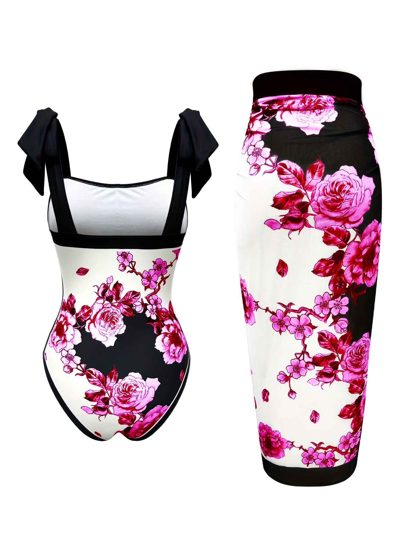 Floral One-Piece Swimsuit & Wrap Skirt Set – Elegant Beachwear
