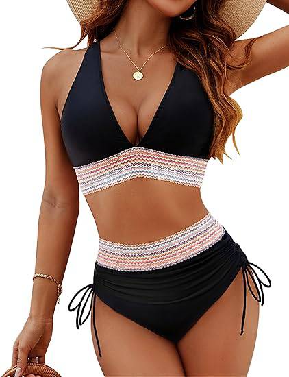 Women's High Waisted Bikini – Striped Halter Neck, Tummy Control Holiday Outfit