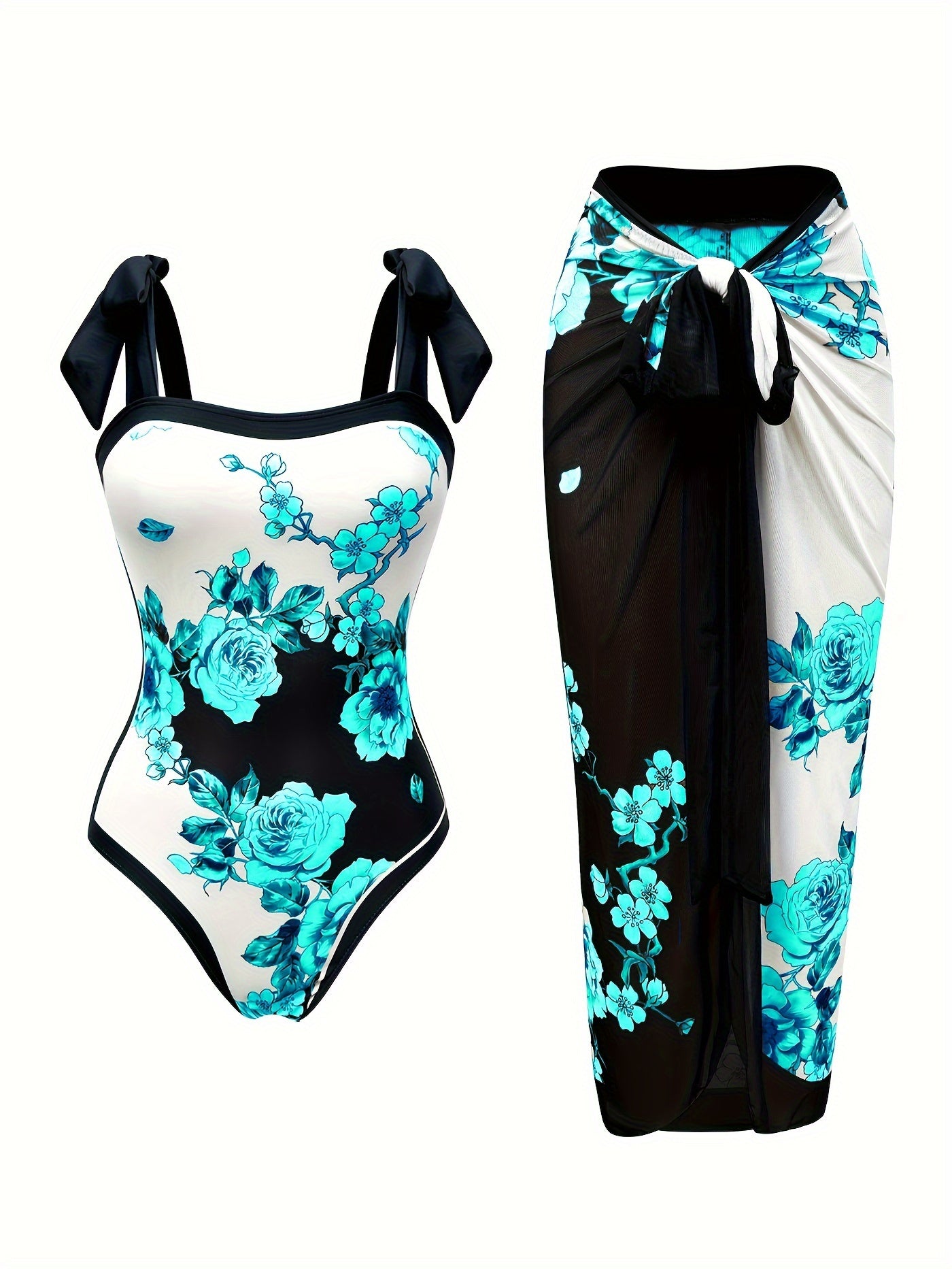 Floral One-Piece Swimsuit & Wrap Skirt Set – Elegant Beachwear