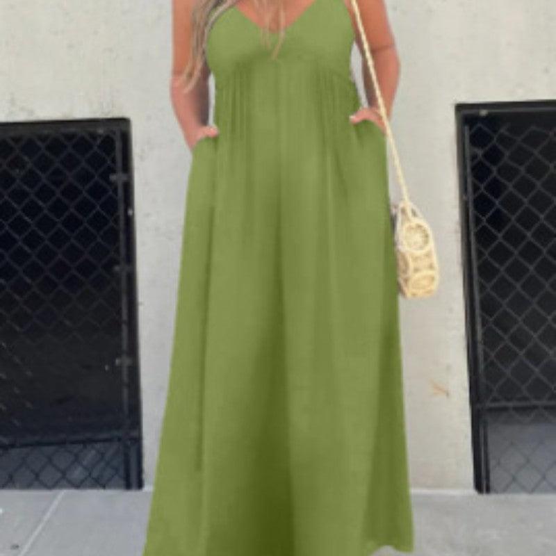 Wide-Leg V-Neck Sleeveless Jumpsuit – Flowy Summer Romper with Pockets