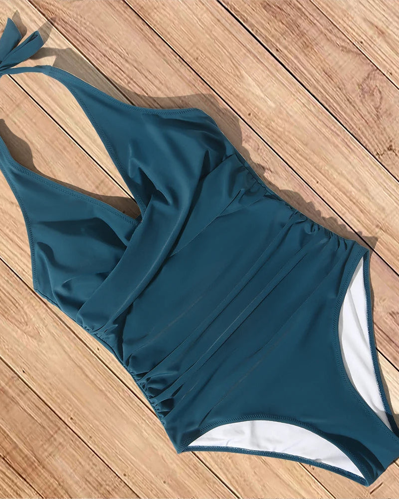 Women's Swimming Costume – Ruched Plunge, Tummy Control Beachwea