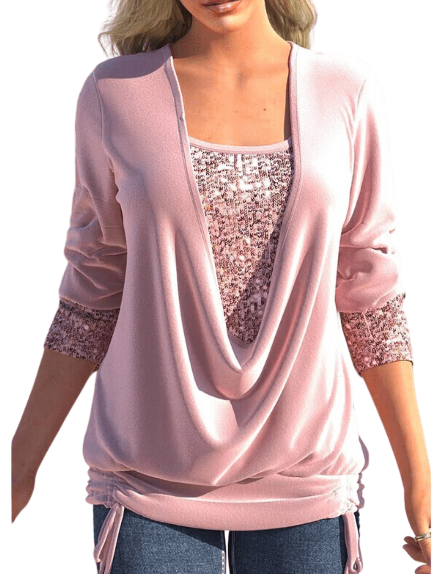 Womens Long Sleeve Top – Sequin Layered Look, Draped Fit Party Style