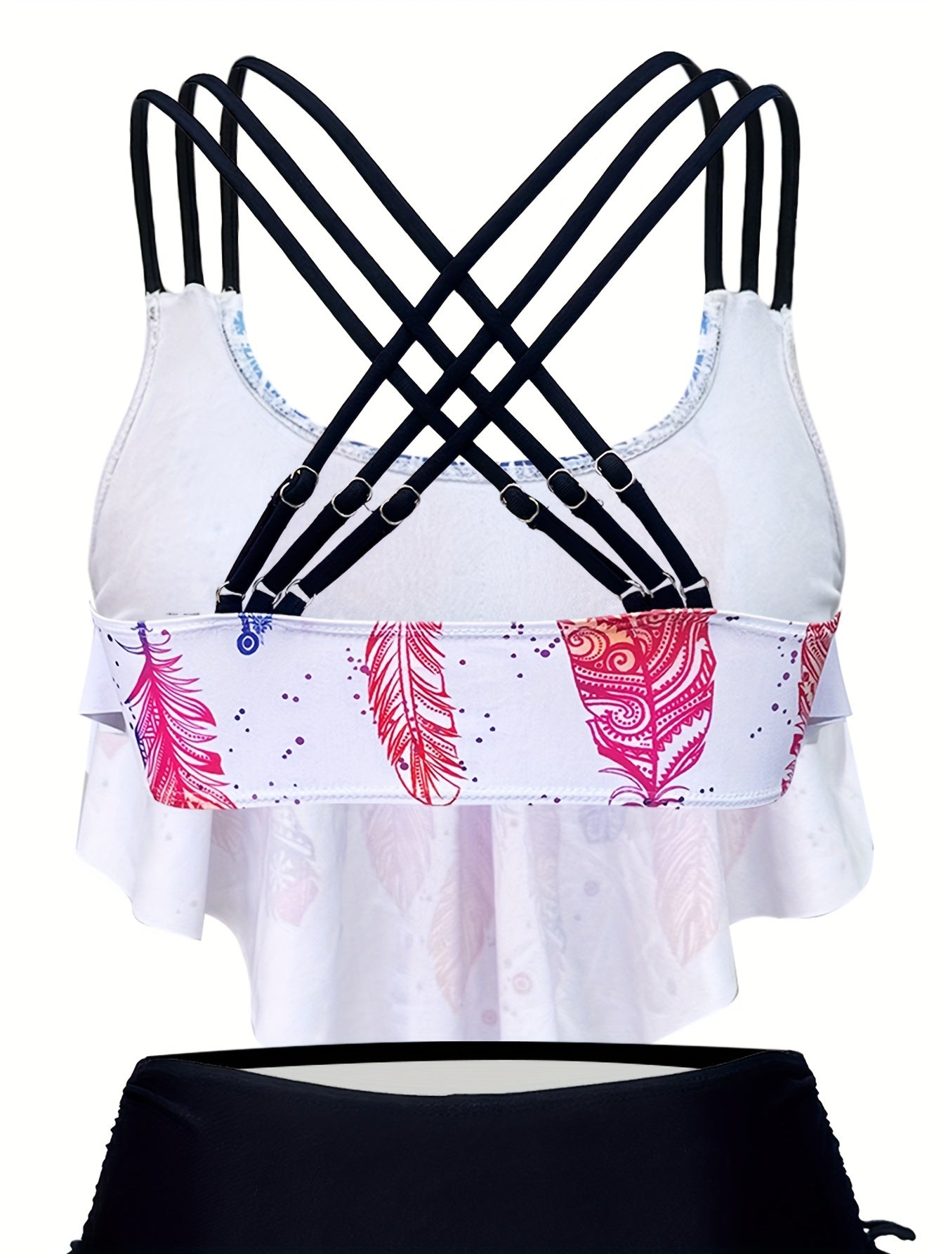 Feather Print Tankini – Crisscross Strap Top & High-Waist Bottom