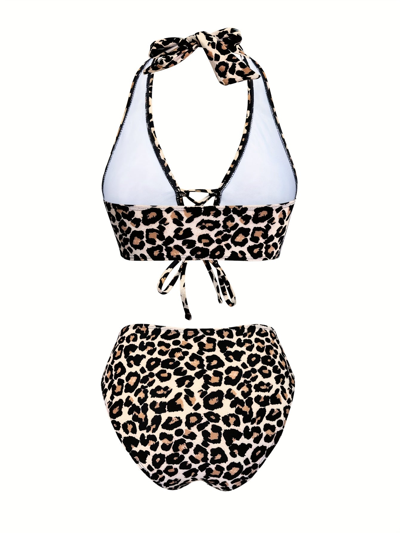 Leopard Halter Bikini Set with High-Waist Bottom and Tie Front