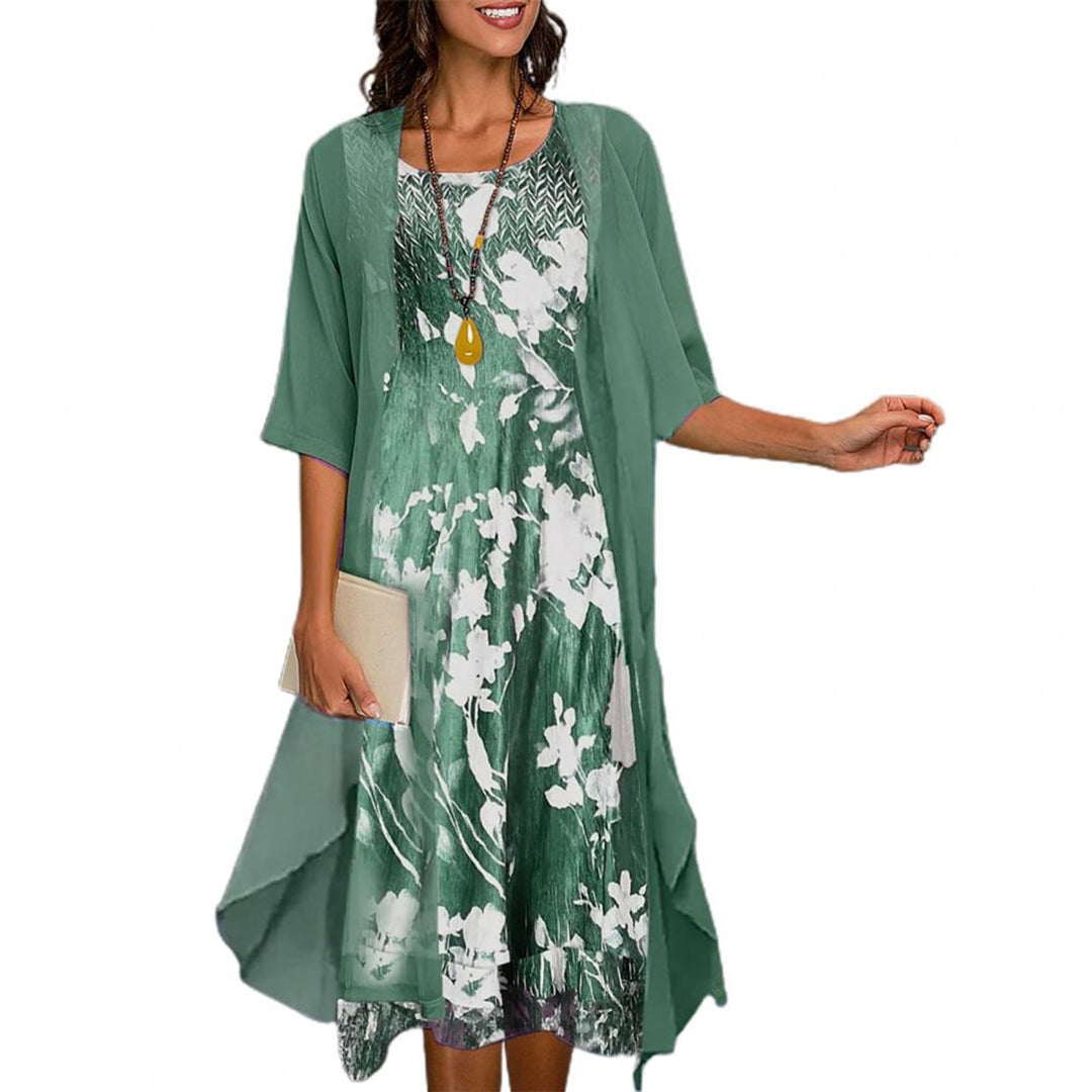 Women's Midi Dress Set – Floral Print Layer, Relaxed Fit for Holiday & Events