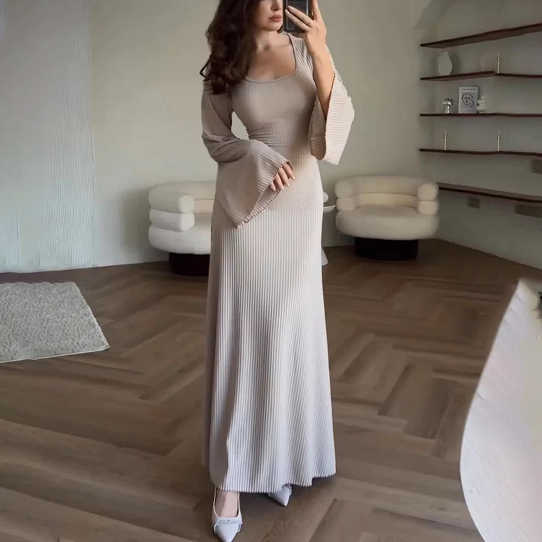 Ribbed Knit Flare Sleeve Midi Dress – Square Neck Stretch Bodycon