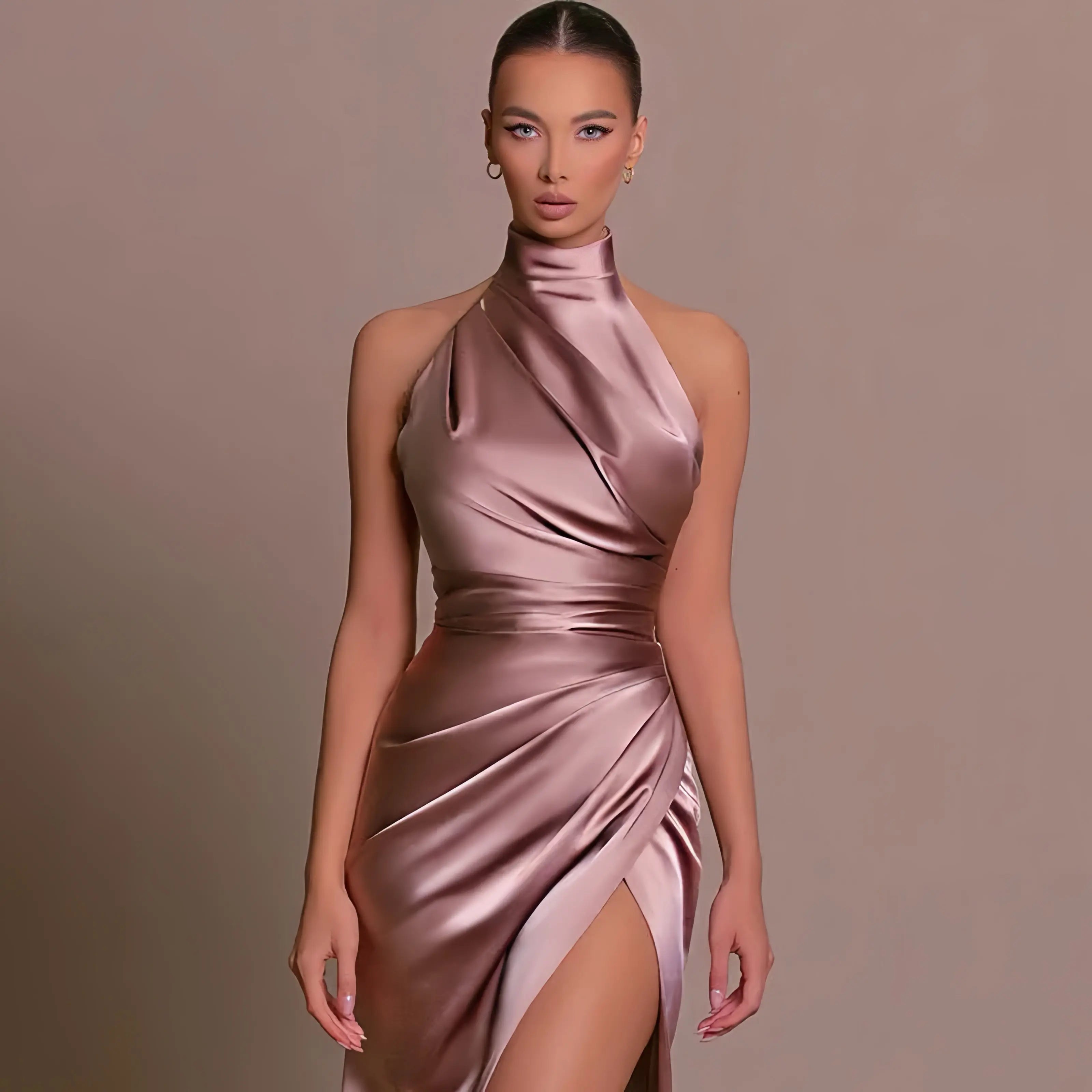 Women's Evening Gown – Draped Halter Neck & Split, Flattering Formal Occasion Wear