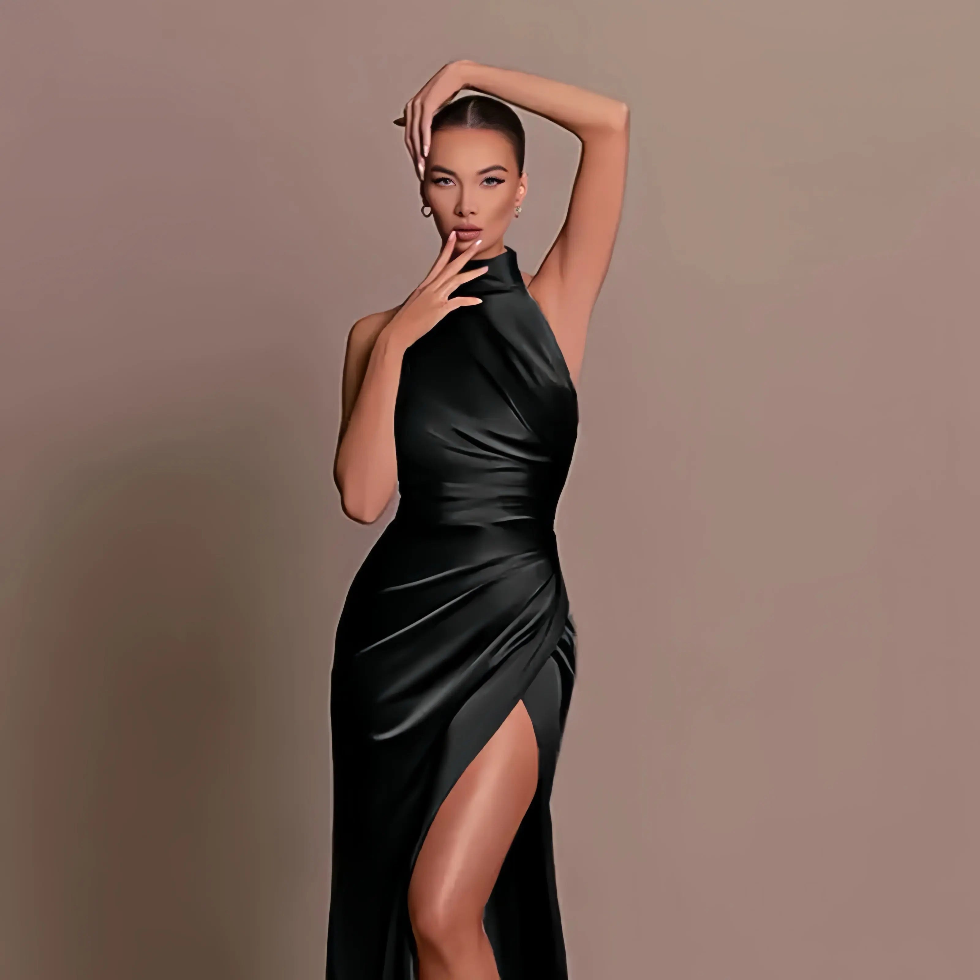 Women's Evening Gown – Draped Halter Neck & Split, Flattering Formal Occasion Wear