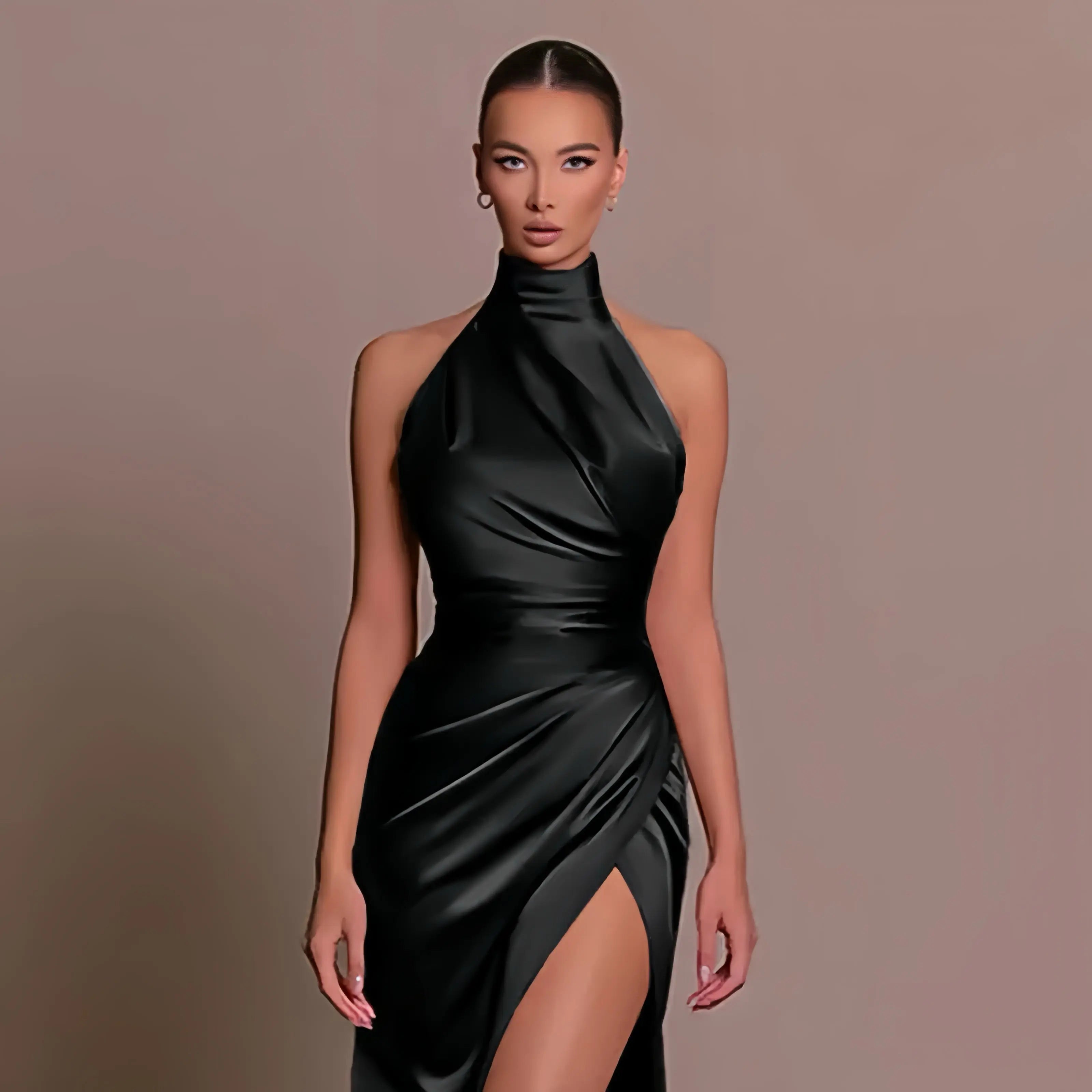 Women's Evening Gown – Draped Halter Neck & Split, Flattering Formal Occasion Wear