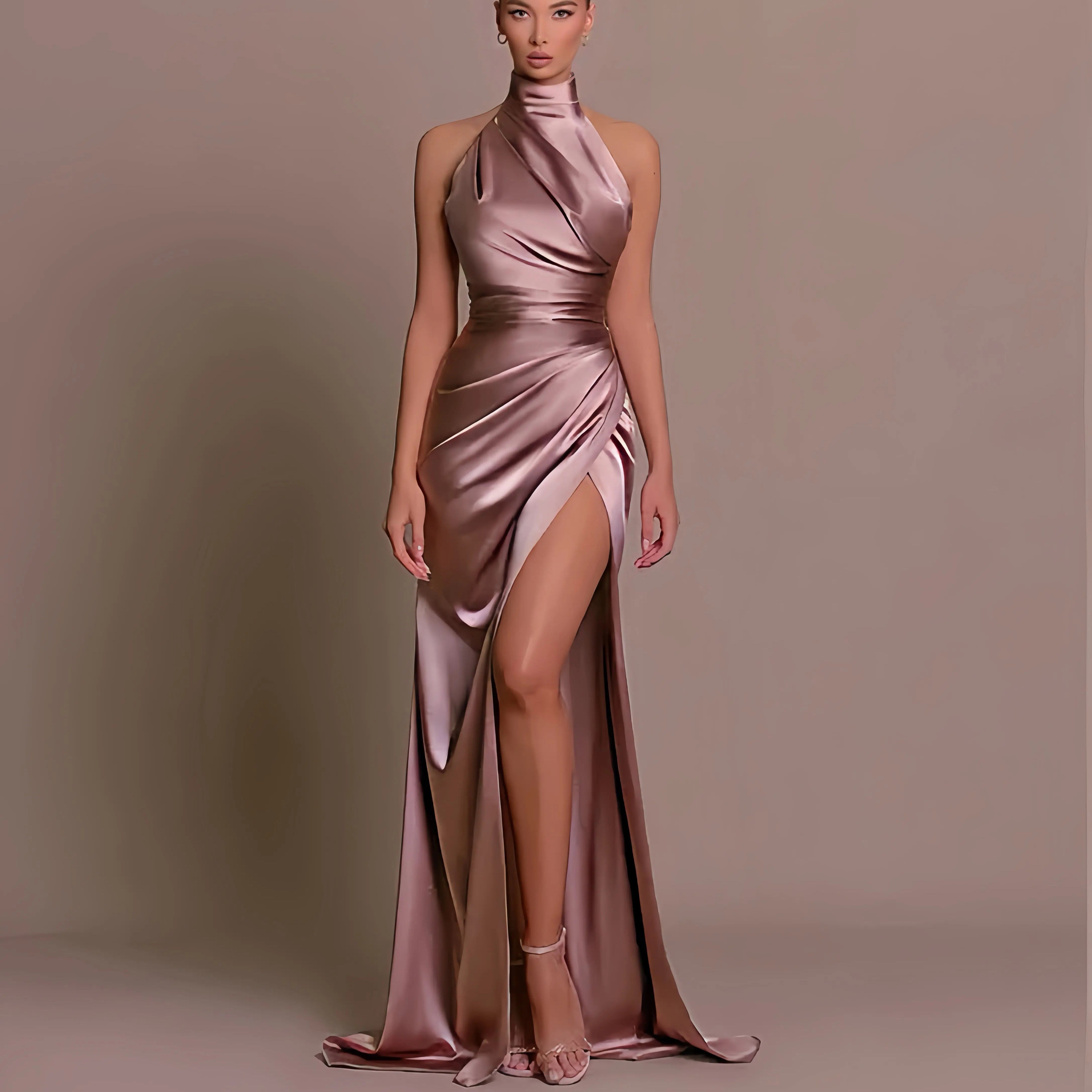 Women's Evening Gown – Draped Halter Neck & Split, Flattering Formal Occasion Wear