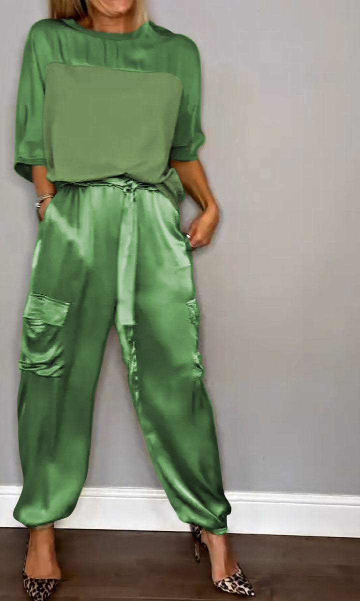 Women's Satin Co-ord – Cargo Trousers, Relaxed Fit Lounge Set