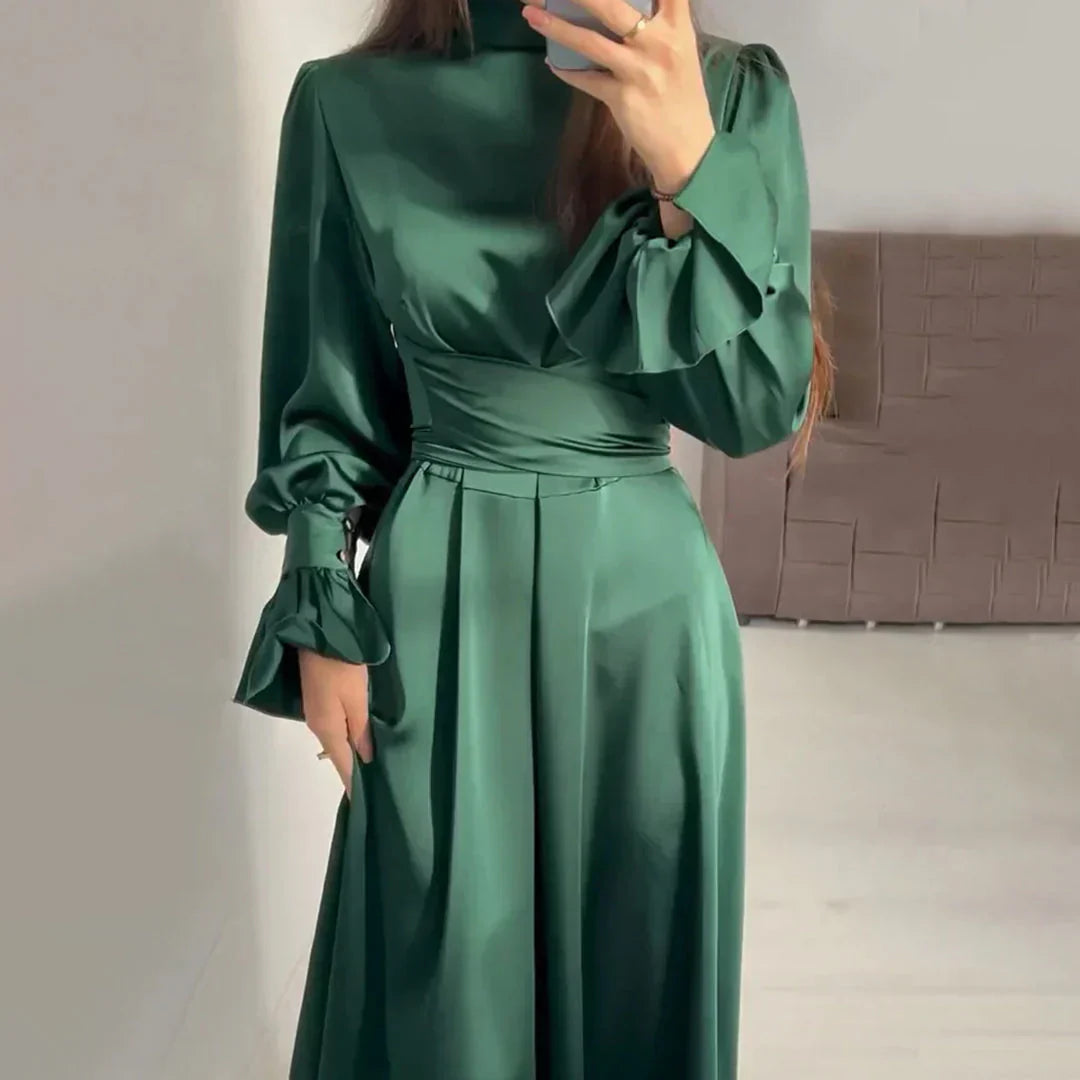 Women's Maxi Dress – High Neck & Balloon Sleeve, Elegant Occasionwear